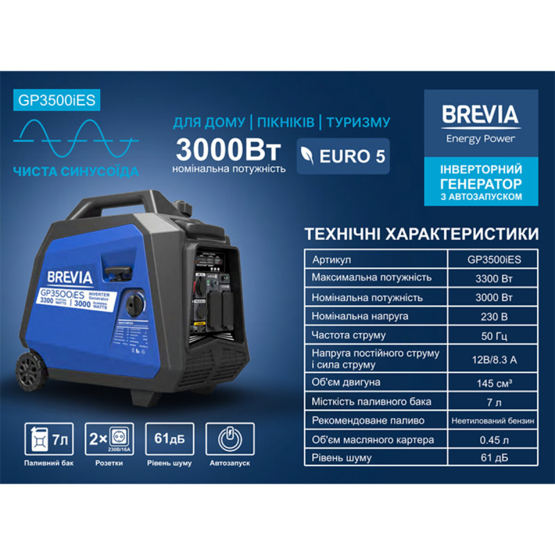 Генератор Brevia инверторный бензиновый 3,3кВт (ном 3,0кВт) с электростартером