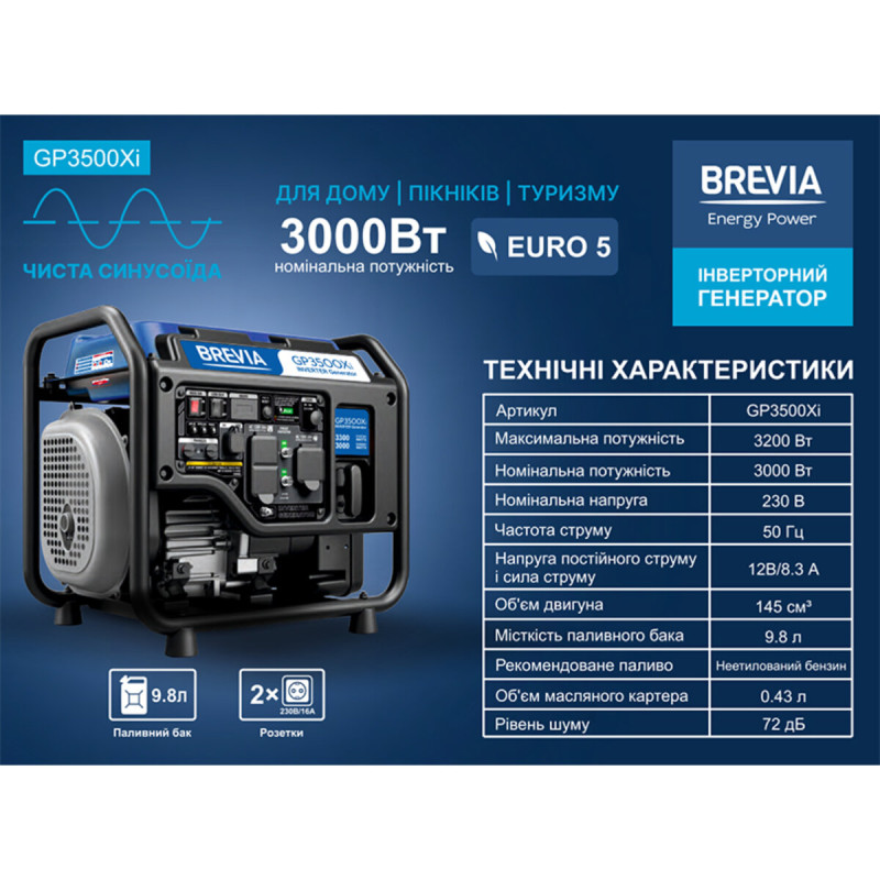 Генератор Brevia инверторный бензиновый 3,2кВт (ном 3,0кВт)