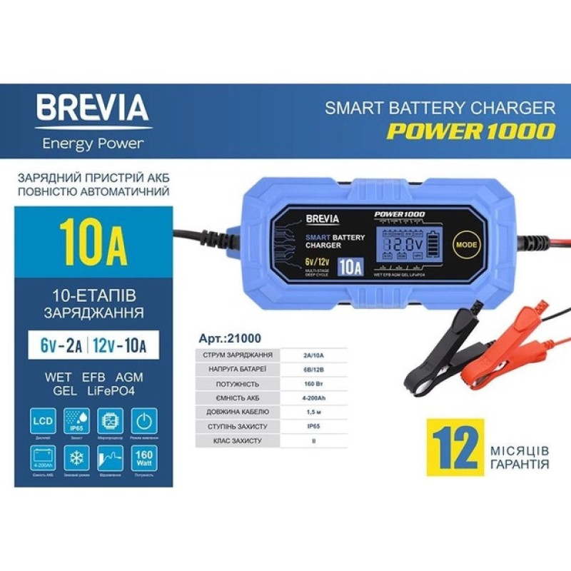 Зарядний пристрій для акумулятора Brevia Power1000 6V/12V 10A